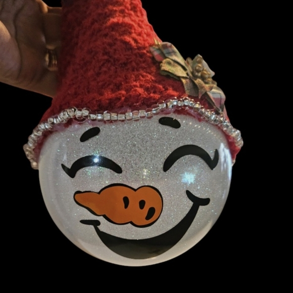 Handmade Glass Ornament Hand Painted Iridescent glitter Upcycled red sock hat - Picture 8 of 17